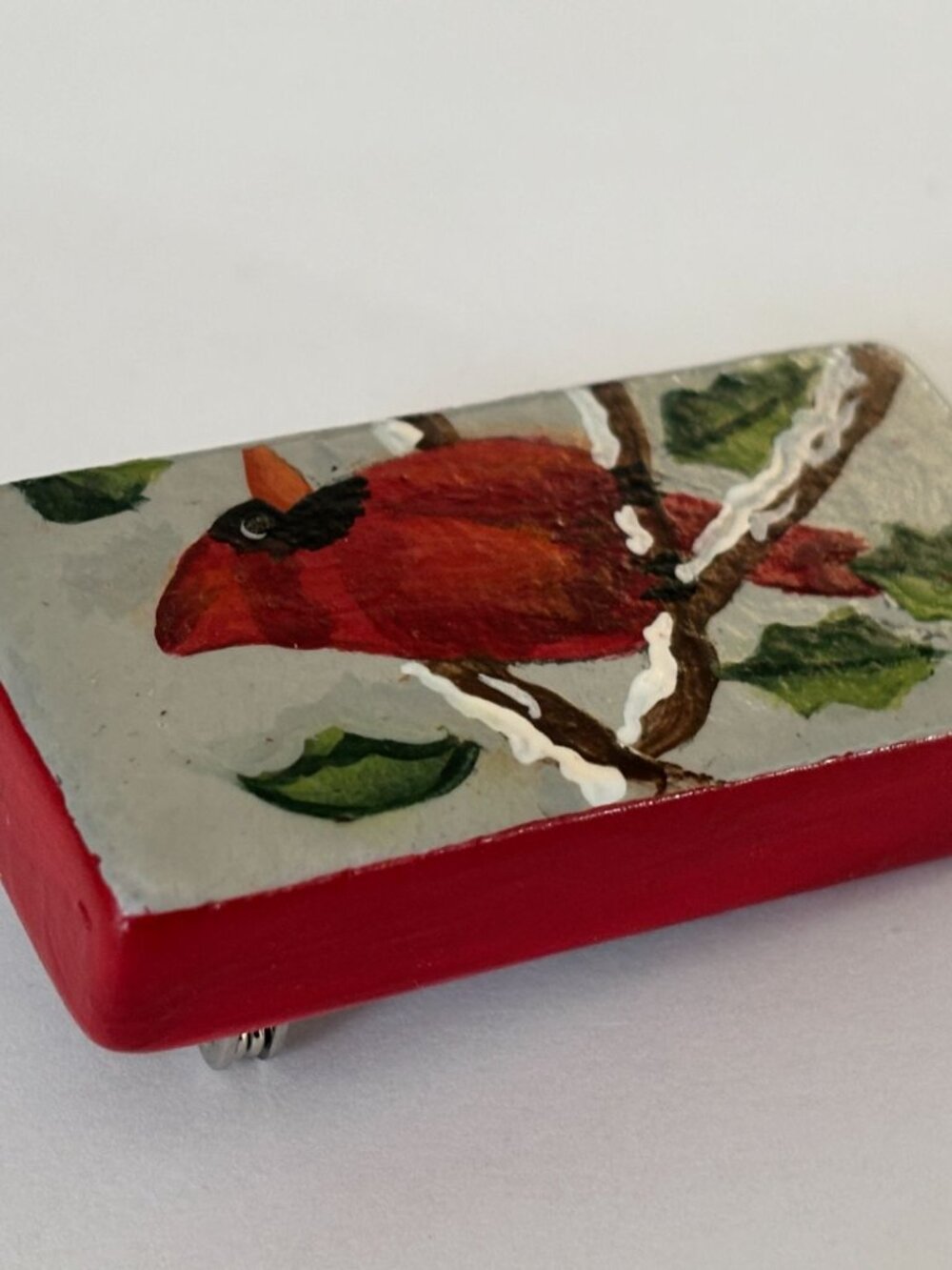Cardinal Christmas Pin Brooch Domino Hand-Painted Snowflake Charm Winter Jewelry - Picture 6 of 9